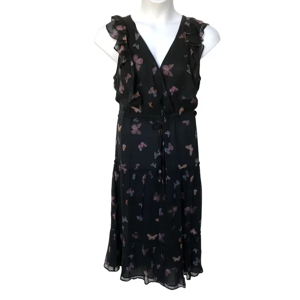 NWT Paige Black Butterfly Print Silk "Basil" Dress with Drawstring Waist size L - Picture 1 of 9